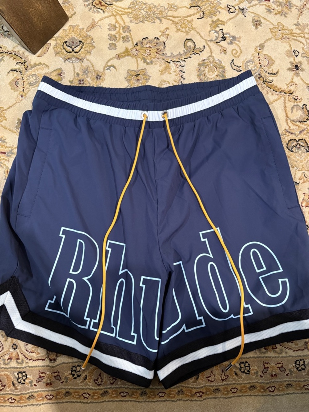 Rhude Navy Athletic Shorts with Yellow Drawcords